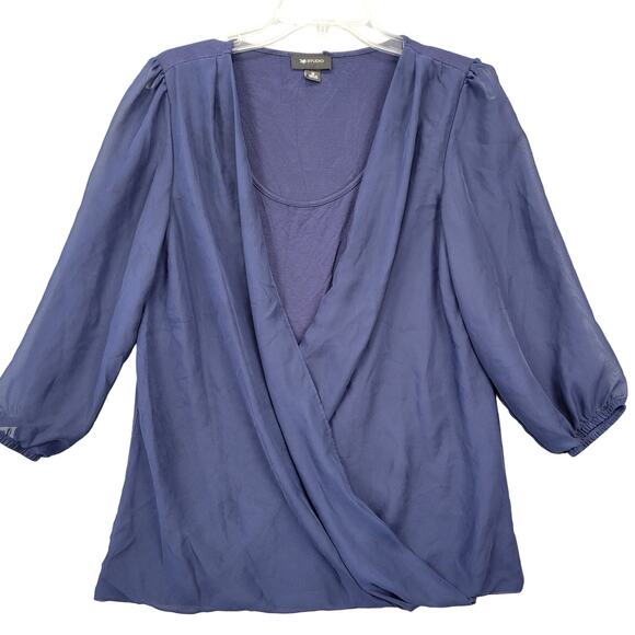 AB Studio Shirt Blue Navy Stretch Wrap 3/4 Sleeve Scoop Neck Womens Size M Sheer - Picture 1 of 9